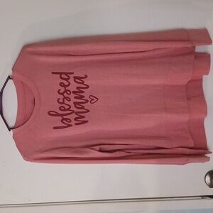 POSITIVE TEES CORAL WITH RED, "BLESSED MAMA" WRITING LONG SLEEVE SIZE MEDIUM